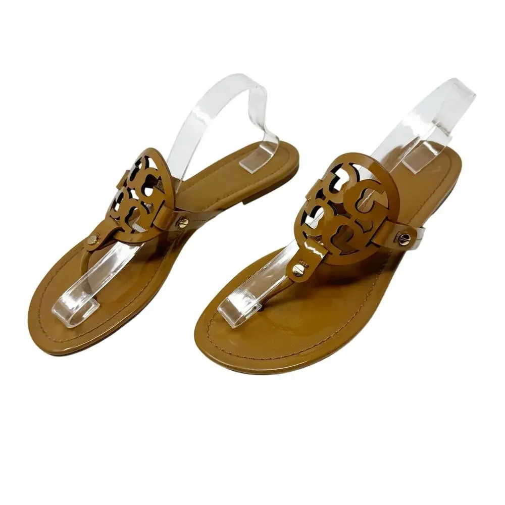 Tory Burch Miller Sandal Tan Patent Leather Logo Medallion Thong Flat Size 11